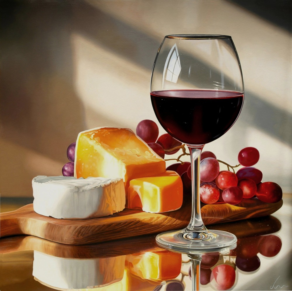 British Artist MICHAEL DE BONO - Fine Cheese with Red Wine